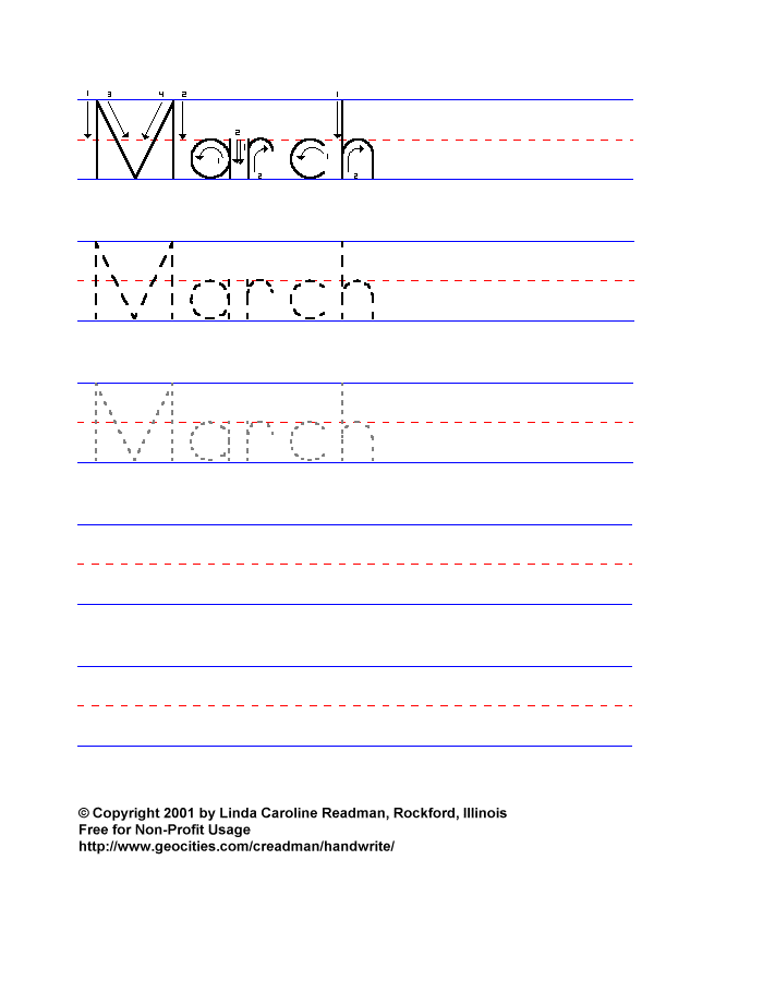 Handwriting for Kids Math Calendar Months of the Year March