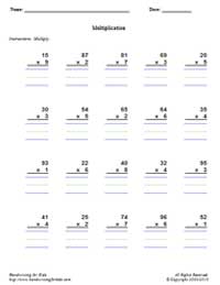 Math - Multiplication - Multiplication Worksheet Maker - 2 Digits by 1 Digit (2x1)