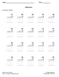 Sample: Math - Subtraction 5 Worksheet (2 digits x 1 digit - 2x1 - vertical)